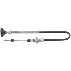 This PTO control cable is designed for dump truck applications, enabling engagement and disengagement of the power take-off system to control hydraulic functions such as lifting the dump body. It includes a polymer control knob and has an overall length of 120 inches.