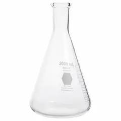 This KIMBLE Erlenmeyer flask has a 2 L capacity and a conical shape with a colorless body. It meets USP Type I glass specifications and is compatible with stopper size 9. Commonly used for mixing, heating, and storing liquids in laboratory settings.