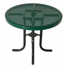 This round top patio table has a 36-inch diameter and 30 1/4-inch height. The frame is black steel and the tabletop is green steel. Suitable for outdoor dining and gathering areas in commercial or residential settings.