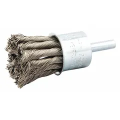 This end brush features twisted stainless steel fill with a 0.014 in diameter for aggressive cleaning of stainless steel surfaces. With a 1 in diameter and 1/4 in shank, it is suited for removing weld scale, rust, and oxidation in metal fabrication and maintenance tasks.