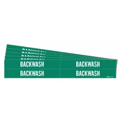 Green pipe markers with white 'Backwash' legend, without arrows. Each pack contains 4 markers, supplied in a 5-pack configuration. Designed for pipe outer diameters from 3/4 to 2-3/8 inches. Used to identify pipes carrying backwash fluid in industrial water treatment or filtration systems.