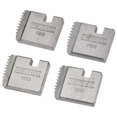 This die head set is designed for cutting right-hand NPT threads on 1-1/4 in stainless steel pipe. It is intended for use with DEWALT handheld threading machines. Suitable for industrial plumbing, piping, and maintenance applications requiring corrosion-resistant threads.
