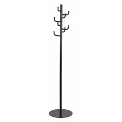 This standing coat rack is constructed from steel with a black powder-coated finish. It features 8 hooks and measures 68 inches in overall height, 15 inches in width, and 15 inches in depth. Suitable for organizing coats, hats, and bags in entryways, offices, or break rooms.