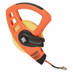 Manual open-reel tape measure with a 165 ft / 50 m fiberglass blade. Features double-sided markings in 1/8 in and 2 mm graduations, a nonmagnetic double hook, and a plastic case. Suitable for measuring long distances in construction, surveying, and industrial layout.