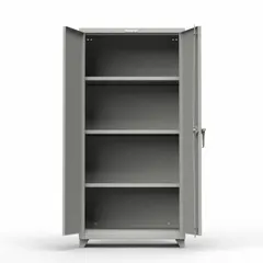 Steel cabinet with baked enamel medium gray finish, welded stationary base with legs, and three adjustable shelves. Features a swing handle and padlock hasp for security. Panel thickness is 14 ga. Suitable for storage of tools, parts, and equipment in warehouses, factories, and maintenance shops.