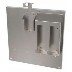 This stainless steel backsplash in a silver finish is designed for use with ACORN Economy Wash-Ware Portable Hand Wash Sinks. It includes an adjustable soap caddy for convenient accessory storage. Suitable for hand-washing stations in industrial or commercial settings.