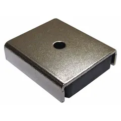 This block ceramic magnet features a channel-style encased design for secure mounting. With dimensions of 1 in length, 7/8 in width, and 0.28 in thickness, it provides a maximum pull force of 14 lbf. Commonly used in jigs, fixtures, and material handling for holding or positioning ferrous materials.