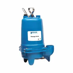 Single-phase sewage ejector pump with 1/2 hp motor, 115V AC, delivering 17 gpm at 10 feet of head. Features cast iron impeller, vertical discharge, and piggyback tether float switch for automatic operation. Suitable for moving wastewater from below-grade fixtures to sewer lines or septic systems.