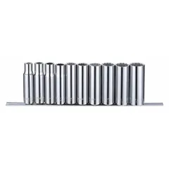 This 10-piece socket set includes 12-point deep sockets with a 1/2 in drive, covering SAE sizes from 3/8 in to 15/16 in. The sockets are tether ready for safety in elevated work. Suitable for tightening and loosening fasteners in automotive repair, industrial maintenance, and mechanical assembly.