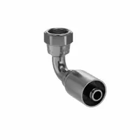 Steel 90° elbow hose fitting with JIC female x crimp genderless connection. Thread size 7/8"-14, for -8 hose dash size. Used to create permanent, leak-resistant hose assemblies in hydraulic systems