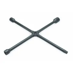 This 4-way cross lug wrench features four 6-point SAE wrench heads in sizes 3/4 in, 13/16 in, 1 1/4 in, and 1 1/2 in, designed for standard lug nuts on buses. The electrostatic paint finish provides corrosion resistance, and the included leverage bar hole allows for increased torque when loosening tight fasteners.