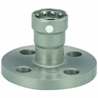 Steel press pipe flange with Press-fit x Flange configuration and FKM seal. Connects 1/2 in press-fit pipe to 4 in flanged pipe. Used in piping systems for transitions between press-fit and flanged connections