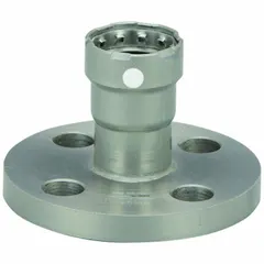 Steel press pipe flange with Press-fit x Flange configuration and FKM seal. Connects 1/2 in press-fit pipe to 4 in flanged pipe. Used in piping systems for transitions between press-fit and flanged connections.