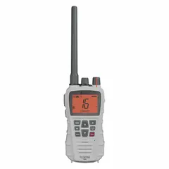 Analog handheld VHF marine radio operating from 156 to 162.025 MHz with 12 channels and 6W output. IPX7 waterproof rating and 12-hour Li-Ion battery. Includes USB-C dock charger with extra battery slot and emergency button. Meets FCC standards.