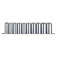 This 10-piece socket set includes metric deep sockets ranging from 22 mm to 32 mm with a 1/2 in drive and 12-point configuration. The sockets are tether ready for safety in elevated work environments. Suitable for tightening and loosening metric fasteners in automotive, industrial, and maintenance tasks.