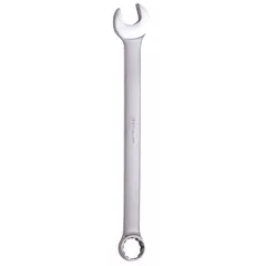 This SAE 12-point combination wrench has a 3/8-inch head size and an overall length of 6 1/4 inches. The offset design provides clearance for accessing fasteners in confined spaces. Constructed from alloy steel with a satin finish, it is suited for general tightening and loosening of bolts and nuts in mechanical and repair tasks.