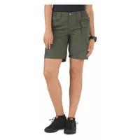 Women's tactical cargo shorts in olive green, with a 36-inch waist and 9-inch inseam. Constructed from 35% cotton and 65% polyester. Suitable for outdoor activities, field work, and casual wear requiring multiple pockets and durability