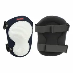 Universal clip-on knee pads with two elastic straps and a plastic cap. Blue foam padding provides cushioning for kneeling tasks. Clip closure secures the pad in place. Suitable for industrial and construction applications where knee protection is needed.