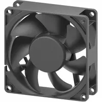 This square axial fan operates on 12V DC and delivers 60 cfm airflow at zero static pressure. It features a plastic housing with polybutylene terephthalate blades, lead wire connections, and an IP68 rating for protection against dust and water ingress. Typical applications include cooling and ventilation in electronic enclosures, control cabinets, and small equipment