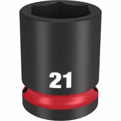 Standard impact socket with 1/2" drive and 21 mm metric, 6-point configuration. Black Phosphate finish. Used for fastening and loosening nuts and bolts in heavy-duty applications such as automotive repair, construction, and equipment maintenance.