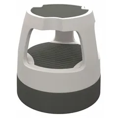 This round rolling step stool from CRAMER features two steps and a 14.3-inch standing height, supporting up to 300 lb. Constructed of gray plastic with slip-resistant feet, it is stackable for compact storage. Suitable for reaching elevated areas in warehouses, retail, or maintenance environments.