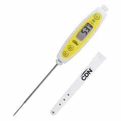 Waterproof thin-tip digital thermometer with LCD display, ±0.3 °F (±0.17 °C) accuracy, and 7 1/4 in overall length. Plastic case with 2-way mounting (pocket clip/hook). NSF certified. Suitable for food temperature measurement in commercial kitchens and food service.