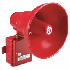 Tone alarm for hazardous locations, rated 15 W at 24V DC. Red housing, dimensions 12 3/8 in L x 7 7/8 in W. Suitable for use in areas requiring audible warning signals in industrial environments.