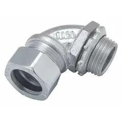 This 90° elbow is made of iron and has a 1/2 in trade size with an overall length of 2 3/32 in. It is used in electrical conduit systems to create a right-angle turn, providing a path for wiring in walls, ceilings, or other raceway installations.