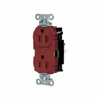 Duplex general-purpose receptacle rated 125V AC and 15A with NEMA 5-15 configuration, 2-pole/3-wire design. Red housing aids circuit identification in commercial or industrial settings where outlets are connected to emergency or generator power