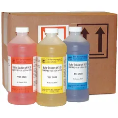 Lab-grade buffer set containing three solutions at pH 4.00, pH 7.00, and pH 10.00. Each buffer has a 2 pt volume. Used for calibrating pH meters and sensors in laboratory environments.