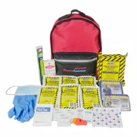 This 35-component emergency survival kit is housed in a fabric backpack and serves one person. It includes six 4.25 oz water pouches with a 5-year shelf life, five medium bandages, a 12-hour emergency lightstick, a disposable dust mask, a pocket tissue pack, and a first aid guide. Suitable for home, car, or workplace preparedness