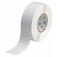 Continuous label roll for thermal transfer printing. White gloss vinyl material rated for outdoor use. 2 inches wide by 300 feet long. Compatible with THT 3-inch core printers. Suitable for asset identification, pipe marking, and general facility labeling in industrial environments.