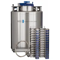 This cryogenic storage system is constructed of stainless steel and has an overall diameter of 34 inches. It includes casters for mobility. Typical applications include the long-term preservation of biological samples at ultra-low temperatures in laboratory and biobank settings