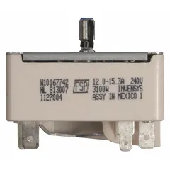 This surface element switch controls the heating elements on compatible Whirlpool electric ovens and ranges, allowing selection of heat settings for surface cooking. It is a genuine replacement part for maintaining or repairing the appliance.