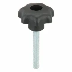 This 7-arm knob features a 32 mm diameter plastic body with a steel threaded stud. The M6 thread has a 40 mm length. It is used for manual adjustment and clamping on machinery, jigs, and fixtures, providing multiple hand positions for torque control.