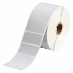 Precut label roll measuring 1 in x 2 in, constructed from metalized polyester with halogen-free and metal-detectable properties. Designed for use with the BBP11 printer series. Suitable for industrial labeling applications where contamination control and metal detection are required.