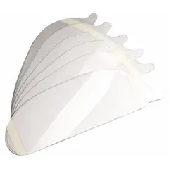 Clear polycarbonate lens covers with adhesive on the sides, supplied in packs of 25. Designed to protect PAPR lenses from scratches and debris in industrial environments where lens clarity is critical.