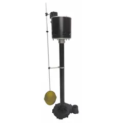 This pedestal sump pump is designed for general-purpose dewatering in basements, crawlspaces, and pits. It features a 115V AC single-phase motor, stainless steel impeller and base, steel column, and an integral vertical float switch. The pump delivers 48 gpm at 10 ft of head with a maximum head of 22 ft, and has an FNPT discharge connection.
