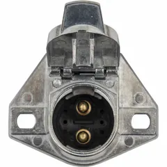 This 2-way steel trailer electrical connector features a spring mechanism for maintaining secure contact. It is used in towing applications to establish electrical connections between a towing vehicle and a trailer for lighting or auxiliary power circuits.