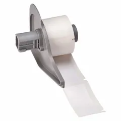 White gloss polyester precut label roll, 1 in x 2 in, with 100 labels per roll. Compatible with BMP71 printer series. Used for asset tagging, cable marking, and equipment labeling in industrial environments.