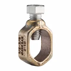 Bronze ground rod clamp for 5/8 in copper-bonded ground rods. Accepts one grounding wire from 8 AWG SOL to 2 AWG STR. Suitable for direct burial applications in grounding systems.
