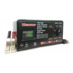 Automatic benchtop charger for boosting, charging, and maintaining lead-acid, AGM, and deep-cycle batteries. Delivers 55 A boost current at 12V, 10 A charging current at 6V, and 2 A maintaining current at 12V with auto on/off operation. Suitable for automotive and industrial battery maintenance.