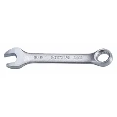 Alloy steel combination wrench with a satin finish. Features a 3/8 in 12-point SAE head and offset design for accessing recessed fasteners. Overall length of 3 3/4 in. Suitable for tightening or loosening bolts in general assembly and maintenance tasks.