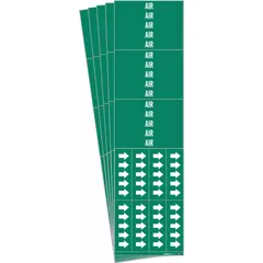 Green adhesive pipe markers with white 'Air' legend, designed for pipes with outside diameter of 3/4 inch and smaller. Each pack contains 3 markers with directional arrows, sold in a 5-pack quantity. Used to identify compressed air lines in industrial piping systems.