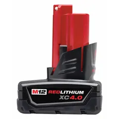 This 12V DC battery provides 4 Ah capacity for the M12 cordless tool system. It powers M12 drills, impact drivers, ratchets, and other tools in light-duty industrial and maintenance tasks. The battery is compatible with all M12 tools and chargers. Note: not oil-resistant; avoid exposure to oils and solvents.