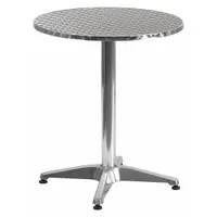 This round top patio table features a gray metal tabletop and a gray aluminum frame. It measures 27-1/2 inches in overall height and 23-1/2 inches in overall diameter. Suitable for outdoor dining or seating areas, it provides a weather-resistant surface for drinks, plates, or decor