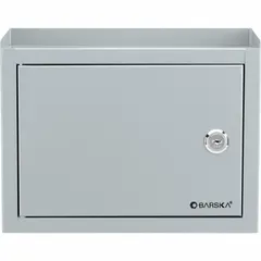 This surface-mounting letter box in gray is designed for secure mail collection. It features a top-loading design and is lockable. Typical applications include residential or light commercial settings where a weather-resistant, lockable mail receptacle is needed.
