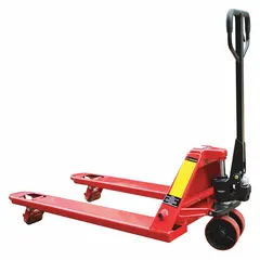 This general purpose pallet jack is designed for lifting and moving palletized loads in warehouses, distribution centers, and industrial facilities. It features a 6000 lb capacity, 48 in long by 27 in wide steel fixed forks, with a 27 in overall width and 14 in width between forks.