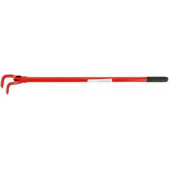 This decking and pallet bar features a two-pronged prying head that fits over a single or double joist for prying and aligning deck boards or pallet planks. With a 46-inch overall length, 4 1/4-inch bar width, and 6-inch end width, it is suited for construction, decking, and pallet repair tasks. The T-No type design has no nail slots.