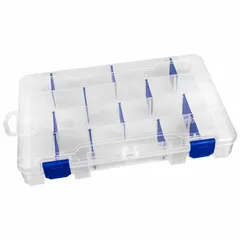 Clear plastic compartmented box with 24 compartments, each 1-1/2 in x 1-1/2 in, and 10 adjustable dividers. Not electrostatic discharge conductive. Used for organizing small components in workshops, assembly areas, or storage settings.